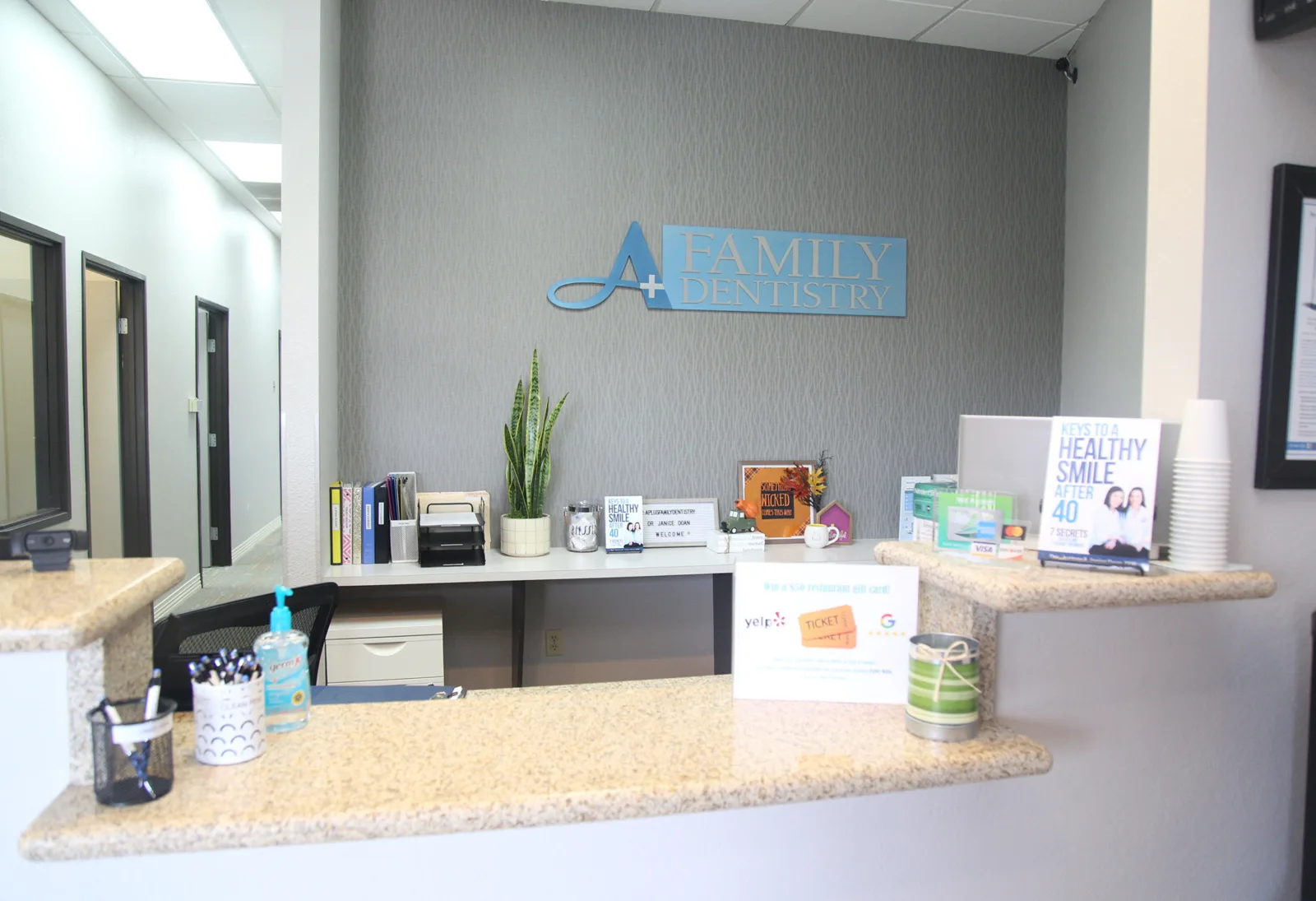 Front desk and reception area at the A+ Family Dentistry office